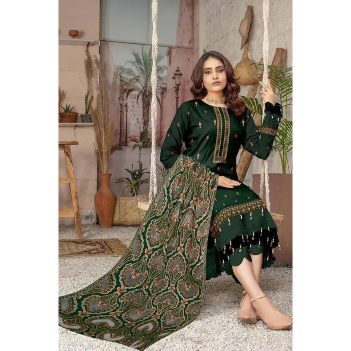 3PC UNSTITCHED DHANAK EMBROIDERED SUIT |  ZS-110 A