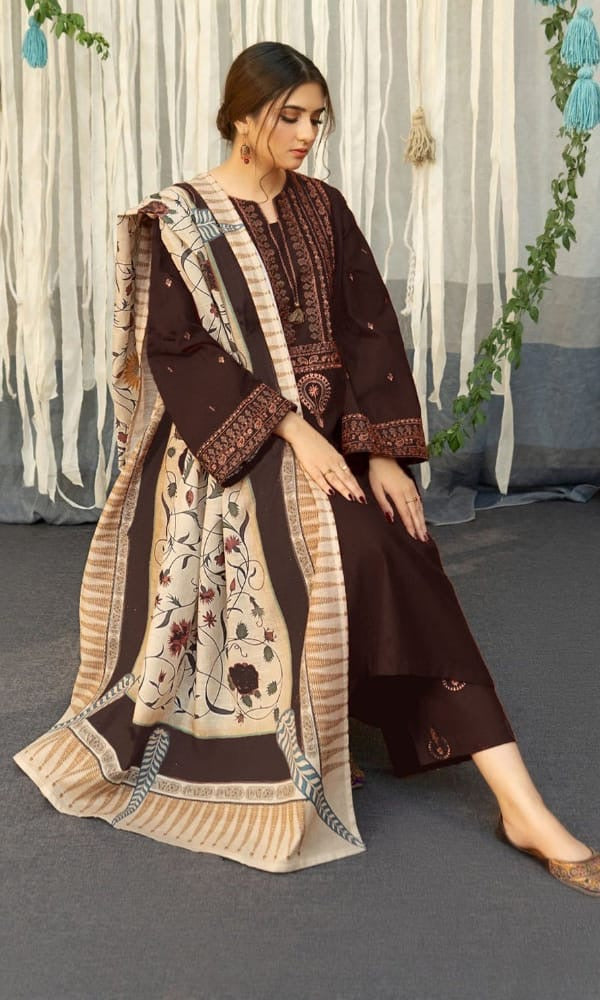 Dhanak-3PC Embroidered Shirt with Digital Printed Wool Shawl