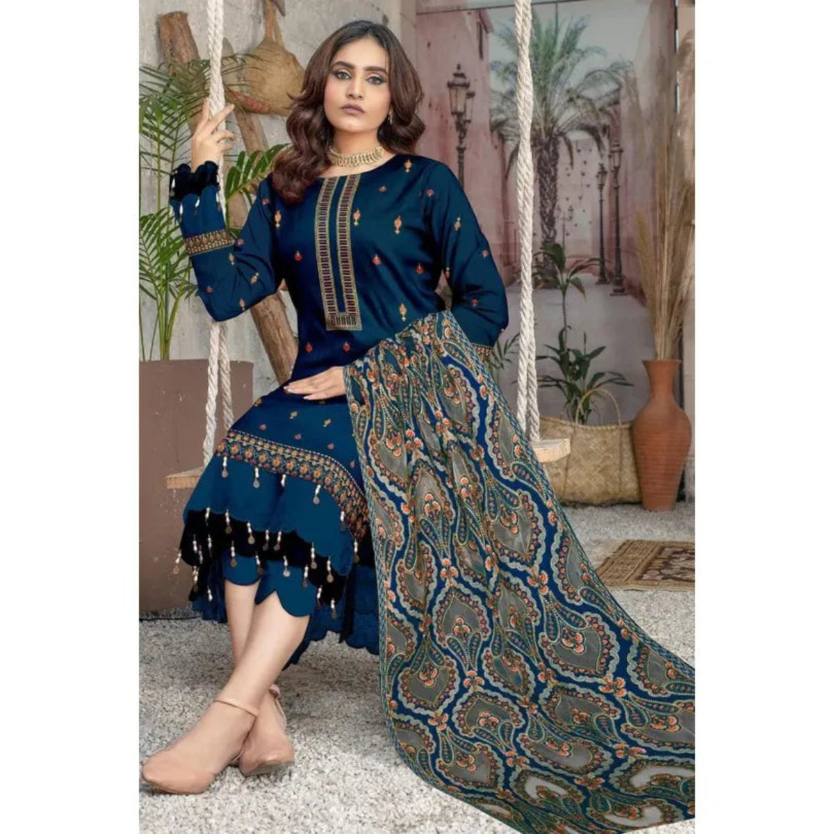 3PC UNSTITCHED DHANAK EMBROIDERED SUIT |  ZS-110 B