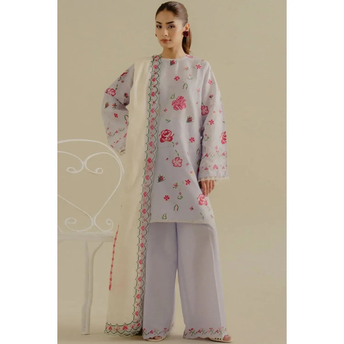 ELEGANT DHANK SUIT WITH HEAVY NECK EMBROIDERY & PRINTED SHAWL -MG