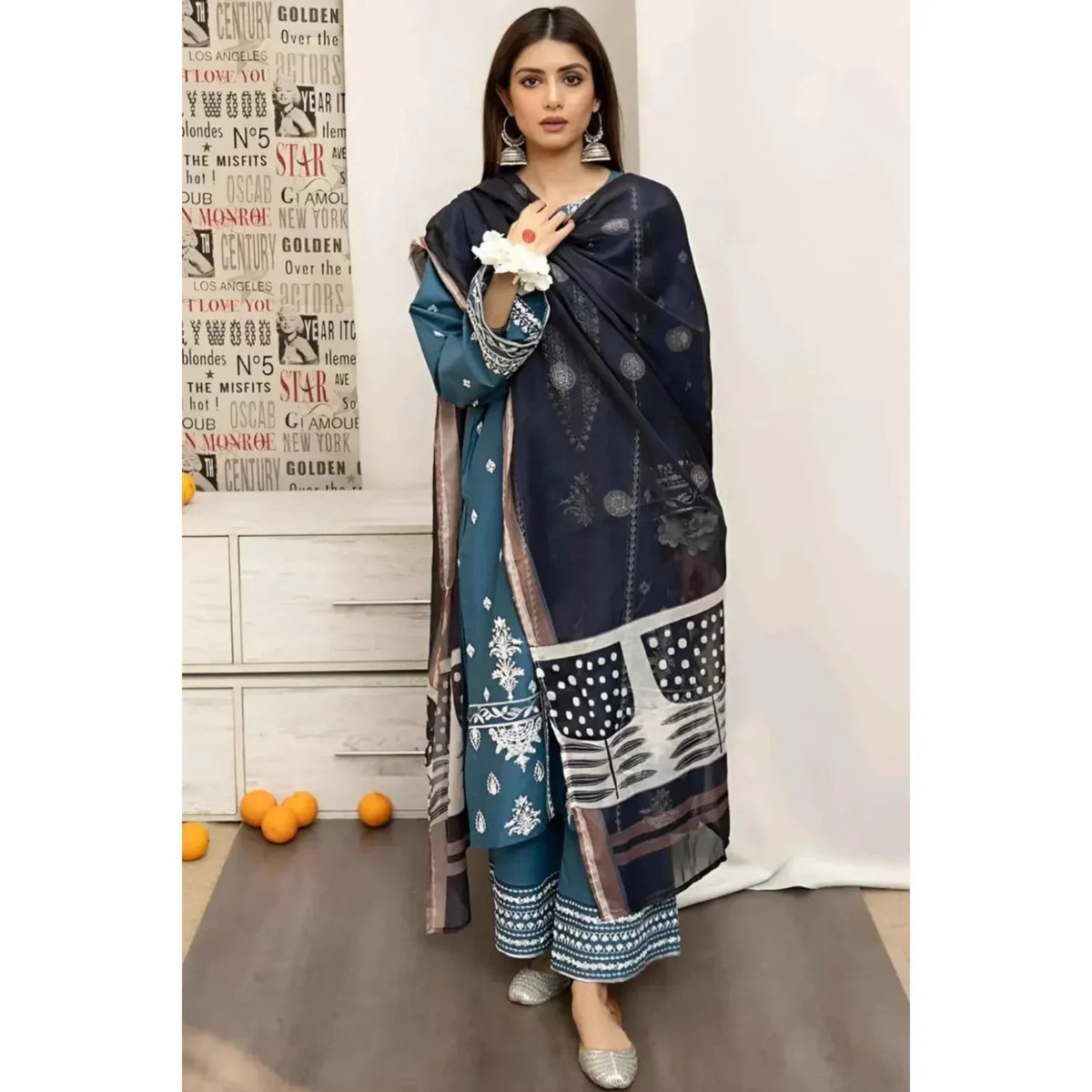 ELEGANT DHANK SUIT WITH HEAVY NECK EMBROIDERY & PRINTED SHAWL -MG