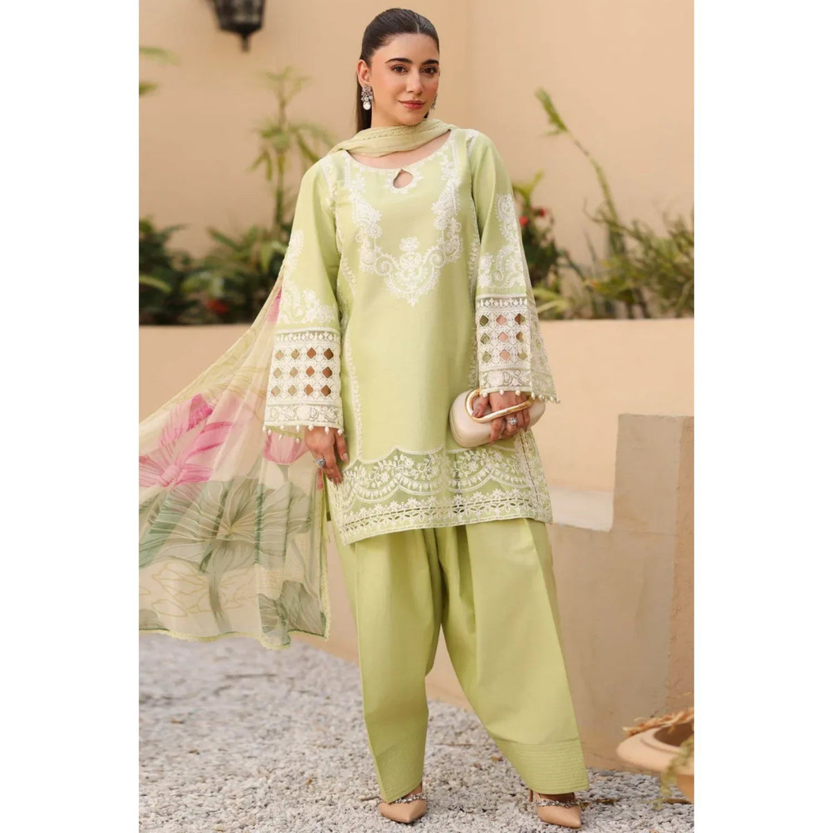 ELEGANT DHANK SUIT WITH HEAVY NECK EMBROIDERY & PRINTED SHAWL -MG