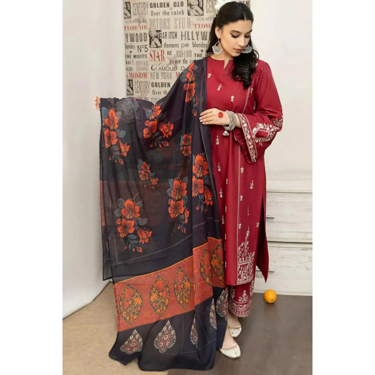 ELEGANT DHANK SUIT WITH HEAVY NECK EMBROIDERY & PRINTED SHAWL -MG