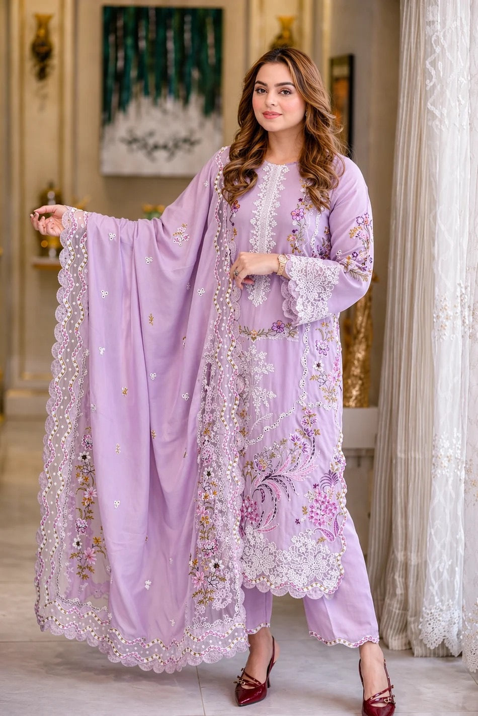 Dhanak-3PC Chikankari Embroidered Shirt with Manaar Embroidered Dupatta ZA-101216