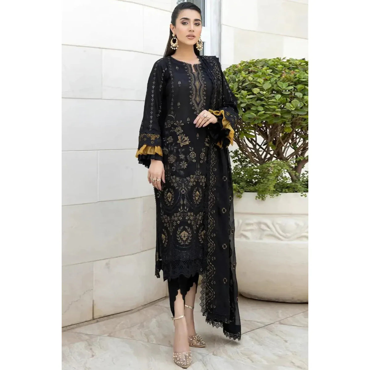 ELEGANT DHANK SUIT WITH HEAVY NECK EMBROIDERY & PRINTED SHAWL -MG