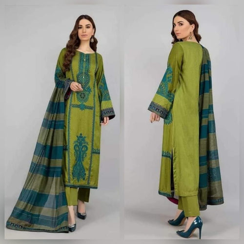3PC DHANAK EMBROIDERED SHIRT WITH DHANAK EMBROIDERED SHAWL AND TROUSER-BIC-5031