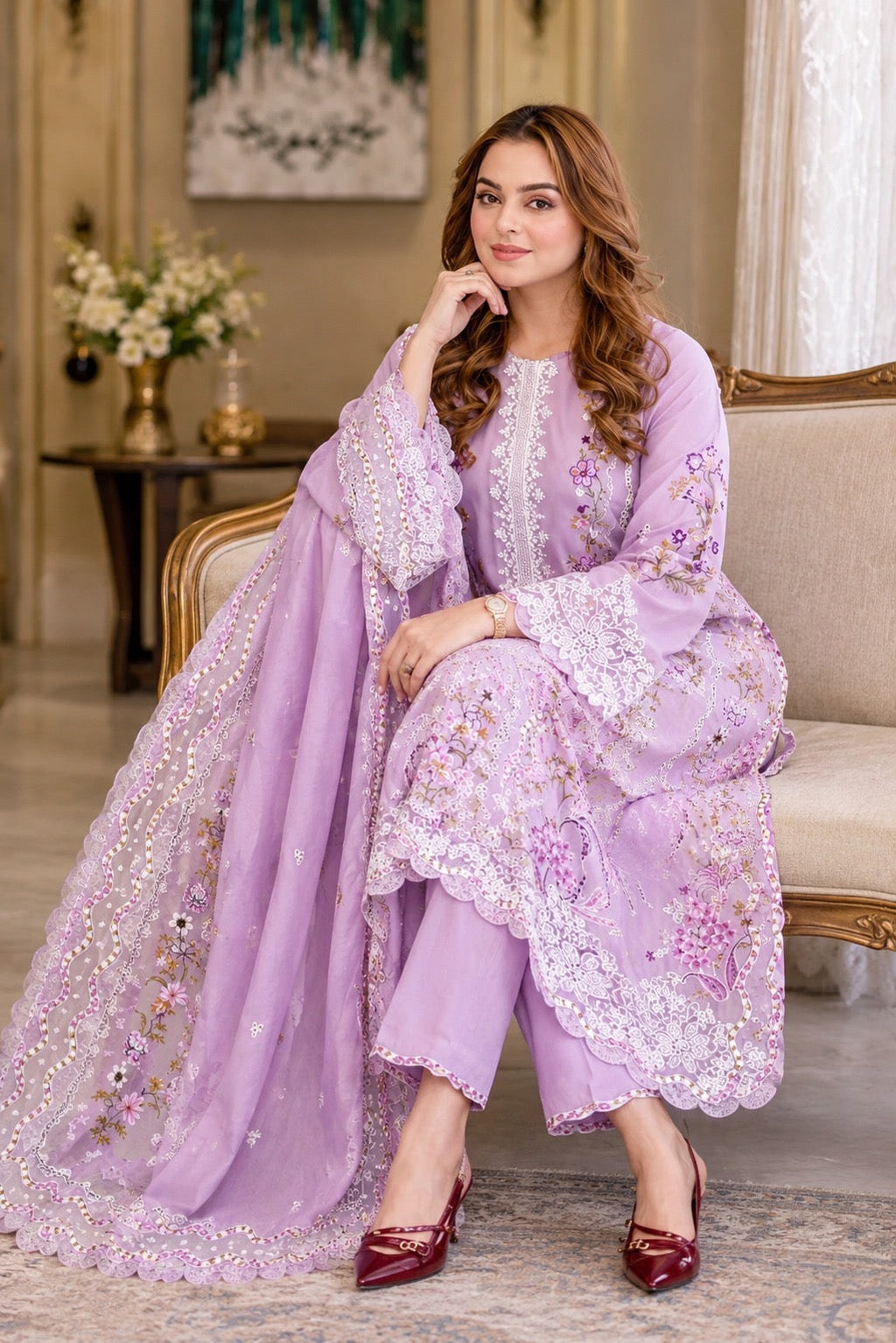 Dhanak-3PC Chikankari Embroidered Shirt with Manaar Embroidered Dupatta ZA-101216