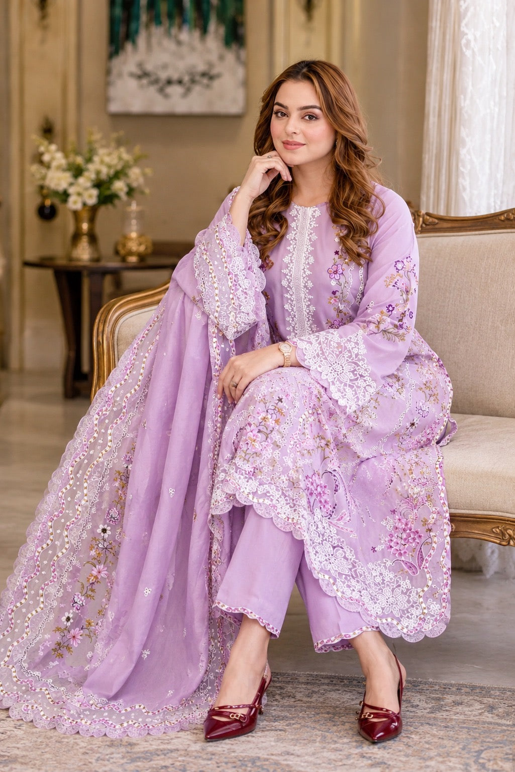 Dhanak-3PC Chikankari Embroidered Shirt with Manaar Embroidered Dupatta ZA-101216