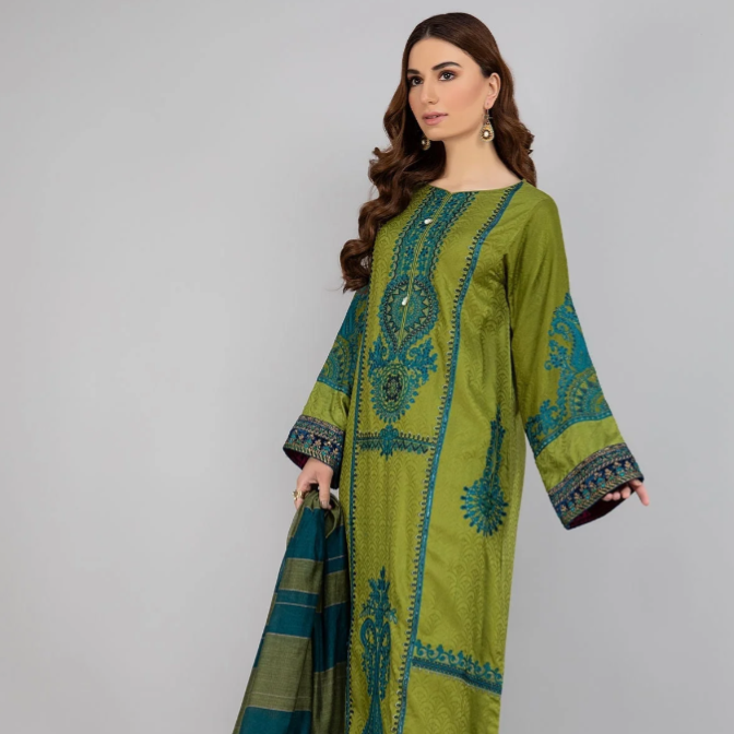 3PC DHANAK EMBROIDERED SHIRT WITH DHANAK EMBROIDERED SHAWL AND TROUSER-BIC-5031