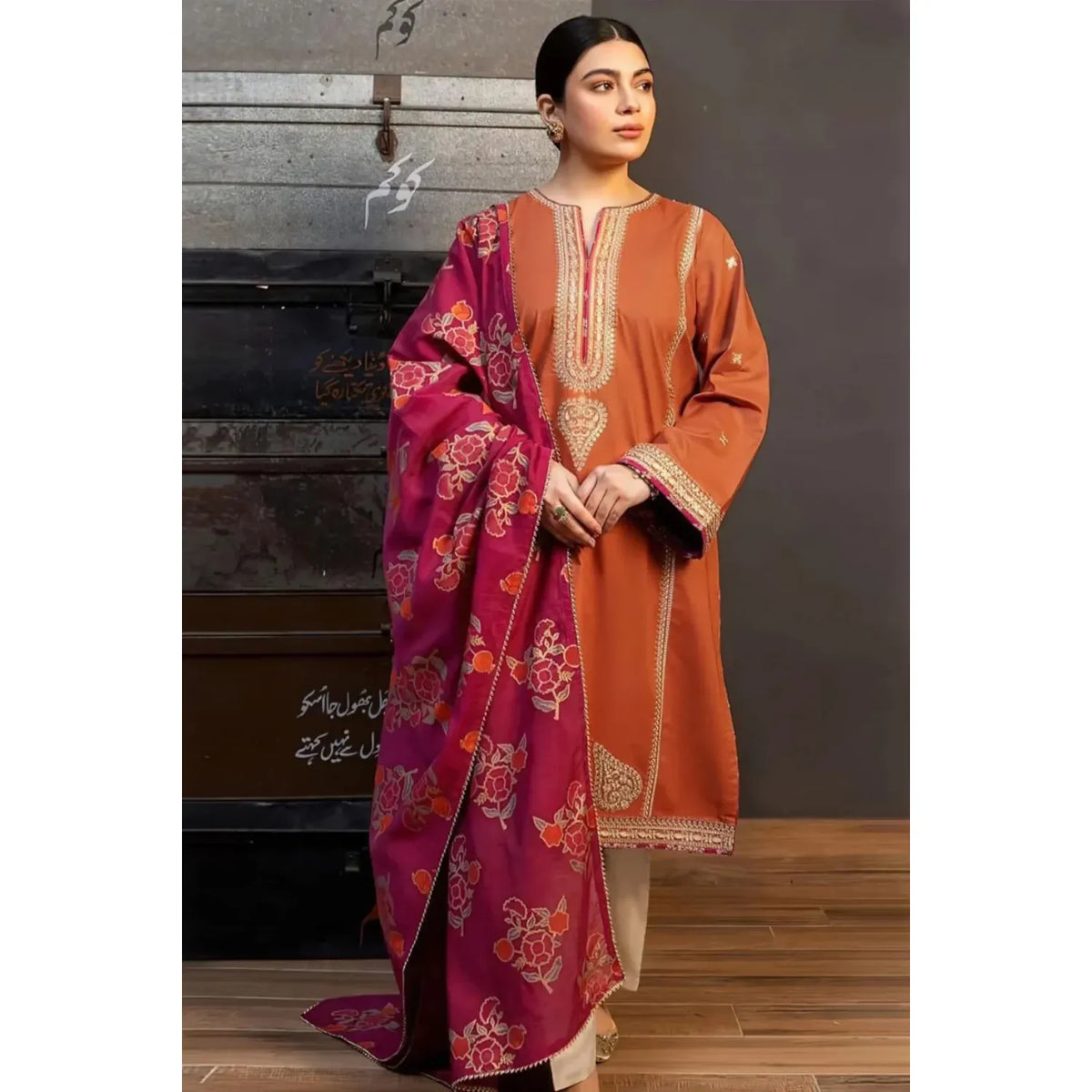 ELEGANT DHANK SUIT WITH HEAVY NECK EMBROIDERY & PRINTED SHAWL -MG